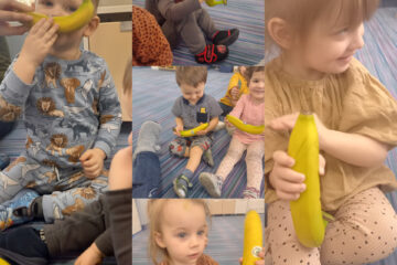 Skrzaty jedza banana